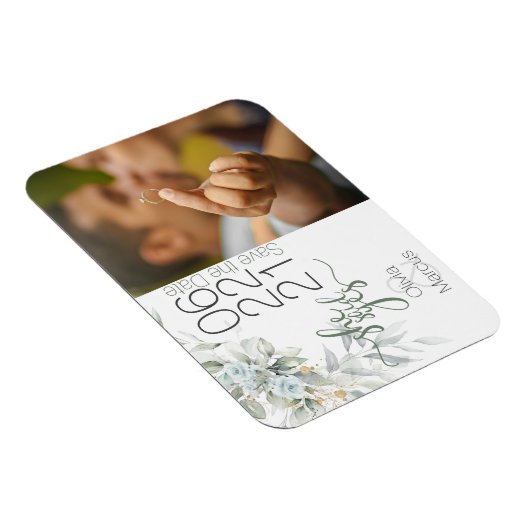 青い淡い色のバラと葉の写真の日付を保存 マグネット (右側)