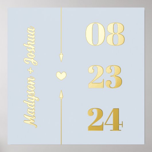 青い淡い色の金ゴールドハート矢印の名前記念日 箔ポスター (正面)