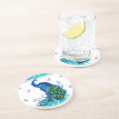 青い渦巻のボーダーおよび孔雀のデザイン コースター (側面)