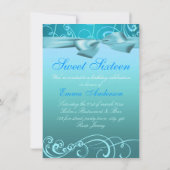 青い渦巻及び弓イメージの誕生日の招待 招待状 (裏面)