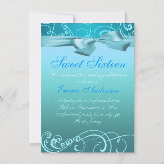 青い渦巻及び弓イメージの誕生日の招待 招待状 (裏面)