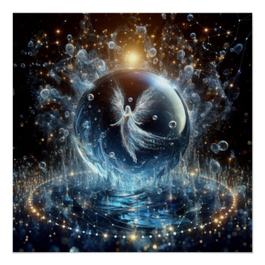 青い湖の上で純粋にきれいな水の泡の中で天使 ポスター (正面)