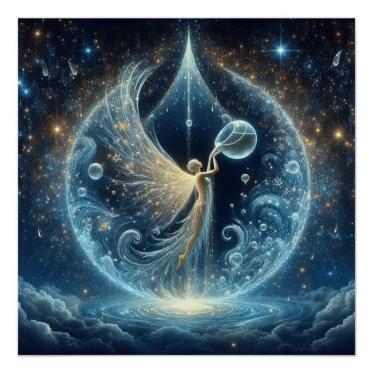 青い湖の上のきれいな水の泡の中の水の担い手 ポスター (正面)