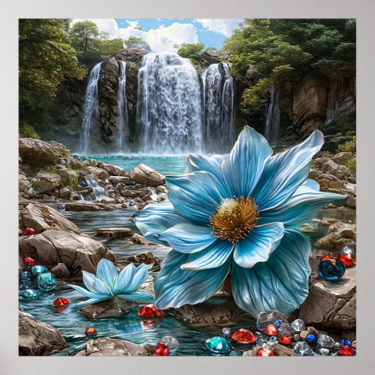 🌊 青い滝の花咲く自然の静けさ ポスター (正面)