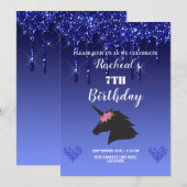 青い滴るグリッター花のユニコーン 招待状 (正面/裏面)