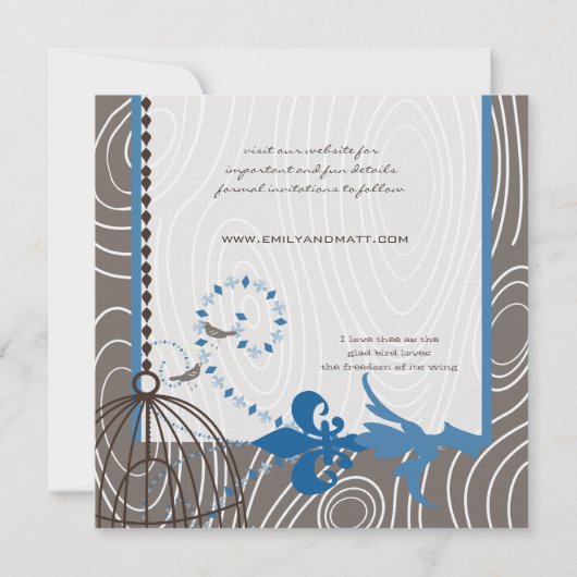 青い漂流木の木目模様の鳥かご　保存の日 招待状 (裏面)