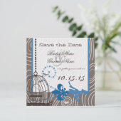 青い漂流木の木目模様の鳥かご 保存の日 招待状 (スタンド正面)