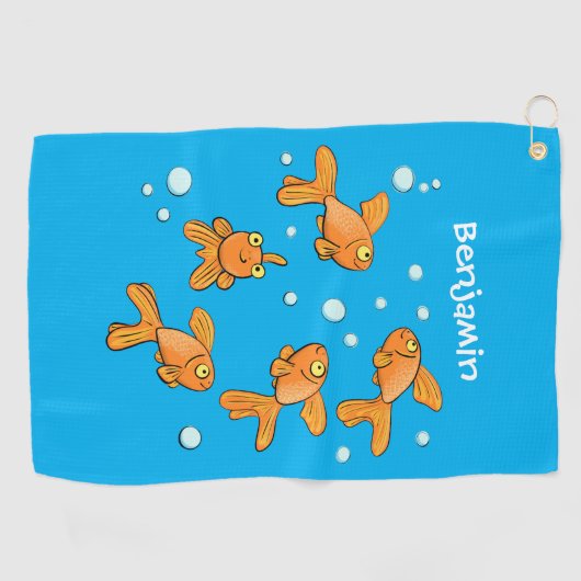 青い漫画の上にかわいいオレンジ色の金魚イラストレーション ゴルフタオル (横)