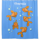 青い漫画の上にかわいいオレンジ色の金魚イラストレーション シャワーカーテン (正面)