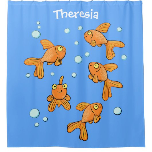 青い漫画の上にかわいいオレンジ色の金魚イラストレーション シャワーカーテン (正面)