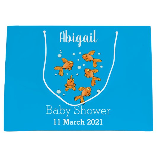 青い漫画の上にかわいいオレンジ色の金魚イラストレーション ラージペーパーバッグ (正面)