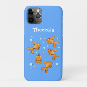 青い漫画の上にかわいいオレンジ色の金魚イラストレーション iPhone 11 PROケース