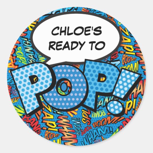 青い漫画ポップ・アートのブックベビーシャワー散水の準備 ラウンドシール (正面)