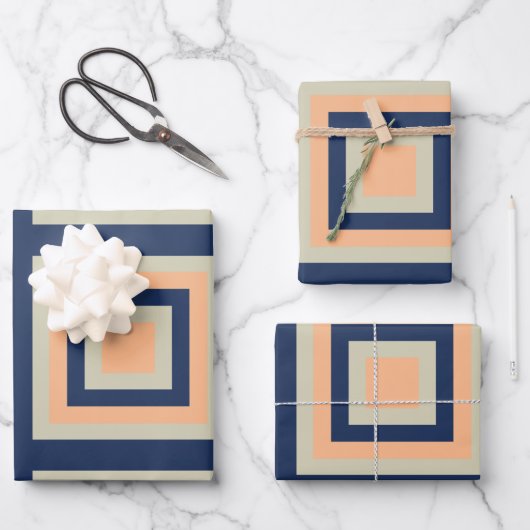 青い灰色のオレンジ色の幾何学的な正方形パターン ラッピングペーパーシート (正面)