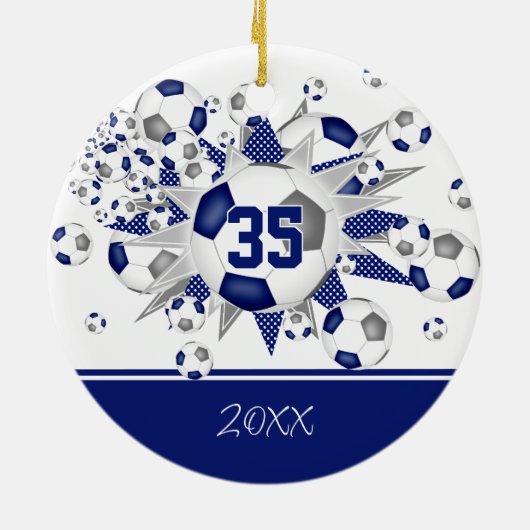 青い灰色のサッカーボールの星が記念に セラミックオーナメント (裏面)