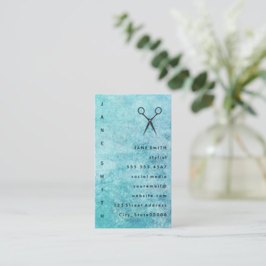 青い灰色のテクスチャスタイリストを表示 名刺 (スタンド正面)