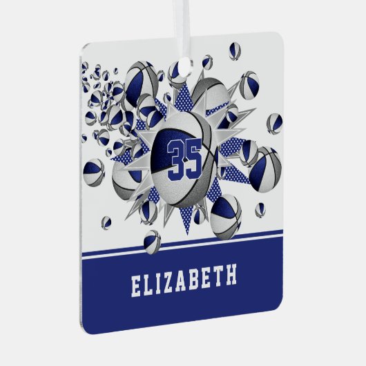 青い灰色のバスケットボールが星をパーソナライズされた出す メタルオーナメント (正面右)