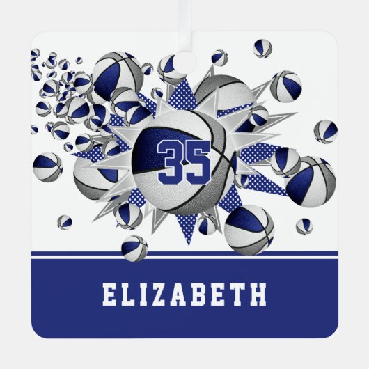 青い灰色のバスケットボールが星をパーソナライズされた出す メタルオーナメント (正面)