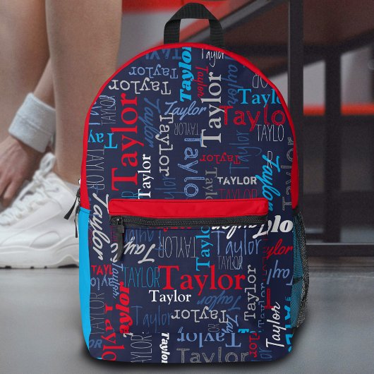 青い灰色のパーソナライズされた赤い名前 プリントバックパック