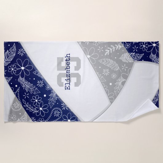 青い灰色のボホフローラ羽模様バレーボール ビーチタオル (正面)