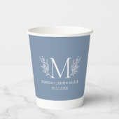 青い灰色の上に白いモノグラムの植物花 紙コップ (裏面)