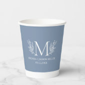 青い灰色の上に白いモノグラムの植物花 紙コップ (正面)