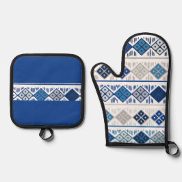青い灰色の幾何学的 鍋つかみ&鍋敷きセット