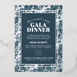 青い灰色の植物模様ガラのディナーイベント 箔招待状