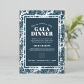 青い灰色の植物模様ガラのディナーイベント 箔招待状 (立ち正面)