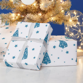 青い灰色の白いクリスマスツリーと雪 ラッピングペーパー