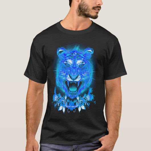青い炎の燃えるトラ猫 Tシャツ (正面)