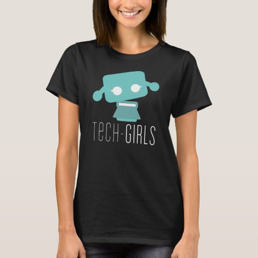 青い点が付いている技術の女の子の黒いTシャツ Tシャツ (正面)