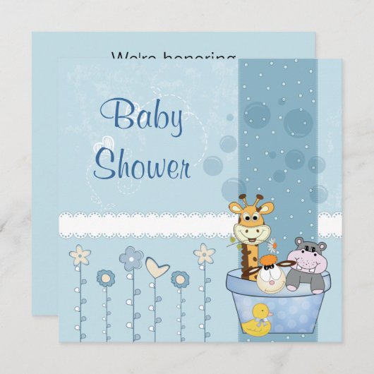 青い点の赤ちゃん動物が花を咲かせてシャワー 招待状 (正面/裏面)