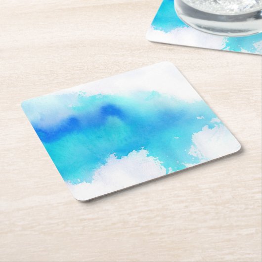 青い点、水彩画の抽象的な手塗り スクエアペーパーコースター (アングル)