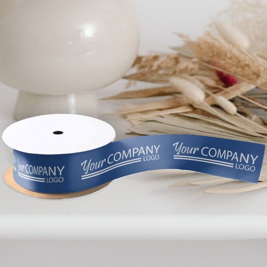 青い無地のホワイトビジネスロゴのブランドギフトリボン サテンリボン