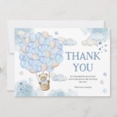 青い熱い気球テディベア赤ちゃんシャワー サンキューカード (正面)