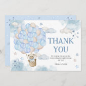 青い熱い気球テディベア赤ちゃんシャワー サンキューカード (正面/裏面)