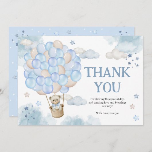 青い熱い気球テディベア赤ちゃんシャワー サンキューカード (正面/裏面)