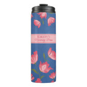 青い熱かわいらしのタンブラーにピンクの花 タンブラー (正面)