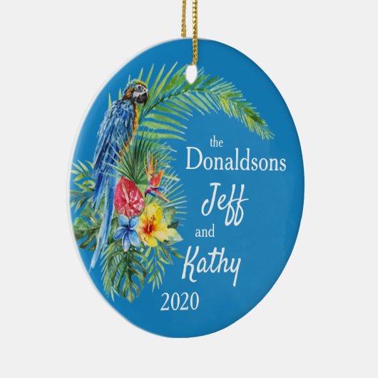 青い熱帯のオウムのヤシの葉の花の名前写真 セラミックオーナメント (右)