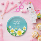 青い熱帯の花に白いフランジパニ結婚の花 ペーパープレート (パーティー)