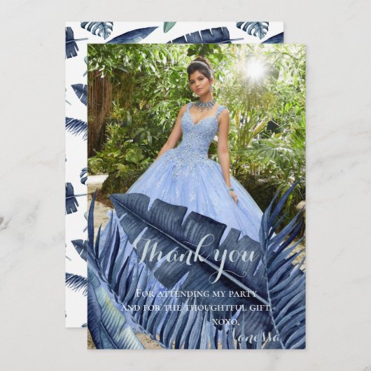 青い熱帯群葉の写真 サンキューカード (正面/裏面)