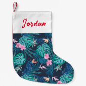 青い熱帯花のガーデンパターン スモールクリスマスストッキング (正面)
