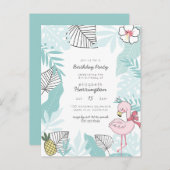 青い熱帯離れ | フラミンゴ誕生日パーティー インビテーションポストカード (正面/裏面)