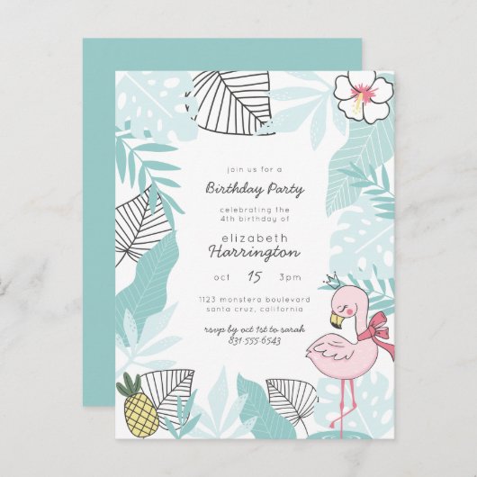 青い熱帯離れ | フラミンゴ誕生日パーティー インビテーションポストカード (正面/裏面)