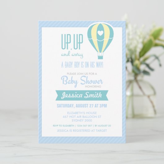 青い熱気の気球のベビーシャワーの招待状 招待状 (スタンド正面)