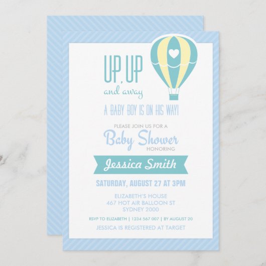 青い熱気の気球のベビーシャワーの招待状 招待状 (正面/裏面)