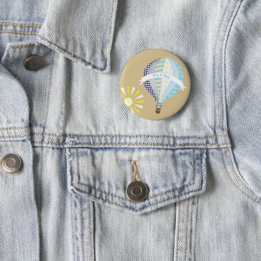 青い熱気の気球のベビーシャワーボタン 缶バッジ (インサイチュ)