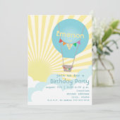 青い熱気の気球の子供の誕生日のパーティー 招待状 (スタンド正面)