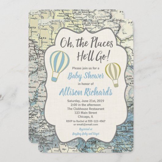 青い熱気の気球の男の子のベビーシャワー招待状 招待状 (正面/裏面)